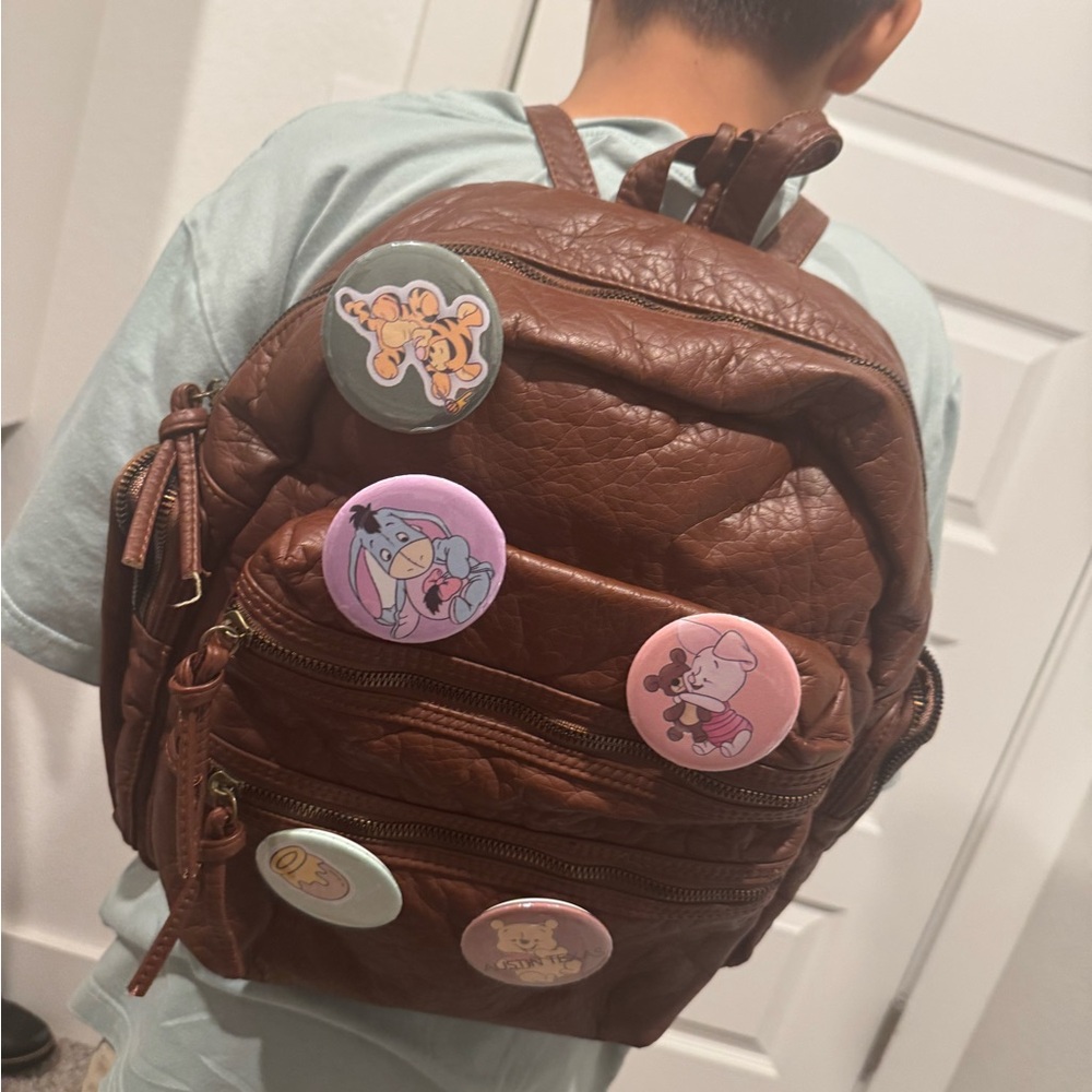Kids Brown Backpack with Cartoon Badges